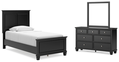 Lanolee Twin Panel Bed with Mirrored Dresser, Black, large