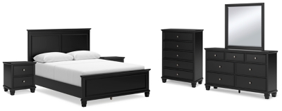 Lanolee Queen Panel Bed with Mirrored Dresser, Chest and 2 Nightstands, Black