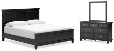 Lanolee California King Panel Bed with Mirrored Dresser, Black