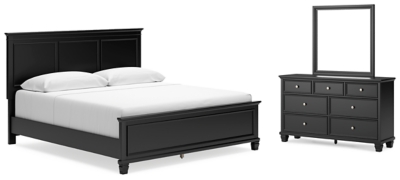 Lanolee King Panel Bed with Mirrored Dresser, Black