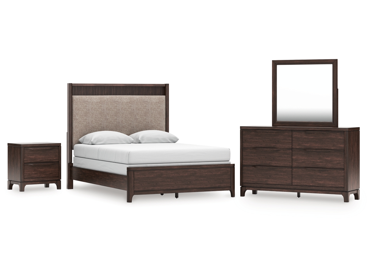 Korestone Queen Upholstered Panel Bed with Mirrored Dresser and