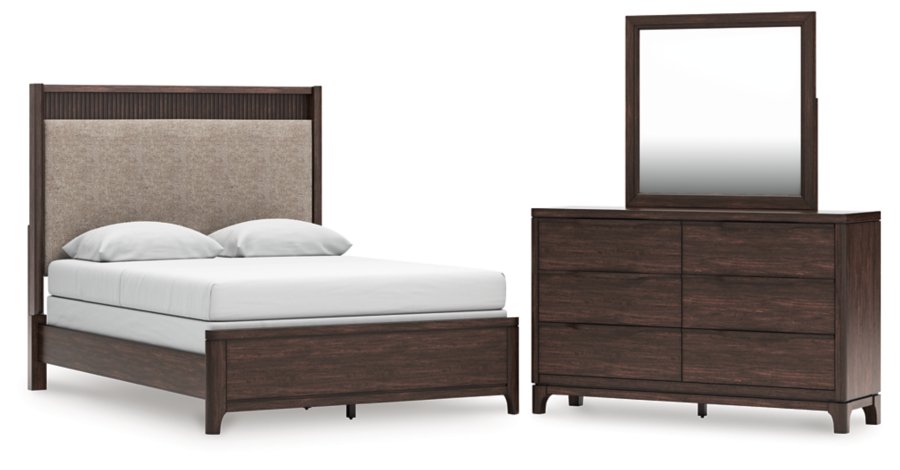 Korestone: cama tapizada Queen con cabecera, cómoda y espejo - image 1