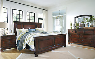The quality craftsmanship is clear to see. The classic design elements—including bun feet—are easy to love. Satisfying your taste for vintage inspiration, the Porter queen panel bed is elegant, without looking fussy. Mattress and foundation/box spring sold separately.Made of veneers, wood and engineered wood | Includes headboard, footboard and rails | Hand-finished | Paneled headboard and footboard | Footboard with bun feet | Assembly required | Foundation/box spring required, sold separately | Mattress available, sold separately | Estimated Assembly Time: 10 Minutes