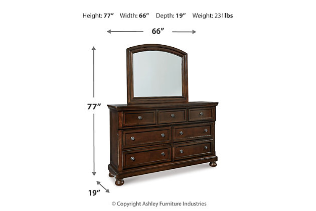 The quality craftsmanship is clear to see. The classic design elements—including inlaid panels, antiqued hardware and bun feet—are easy to love. Satisfying your taste for vintage inspiration, the Porter dresser is elegant without looking fussy. Seven roomy drawers keep your wardrobe organized in style, while a hidden pull-out tray puts your small valuables out of sight. The beveled mirror frame beautifully echoes this dresser’s rustic finish.Made of veneers, wood and engineered wood | Hand-finished | Dark bronze-tone hardware | 7 smooth-operating drawers with dovetail construction | Top drawers with felt bottoms; bottom drawers with cedar bottoms | Pull-out tray behind top middle drawer | Bun feet | Mirror attaches to back of dresser | Assembly required | Includes tipover restraint device | Estimated Assembly Time: 5 Minutes