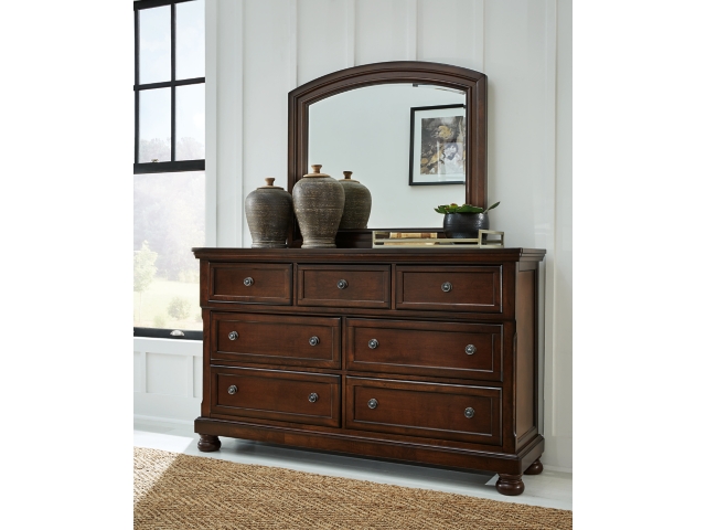 Ashley Porter 7 Drawer Dresser and Mirror, Rustic Brown