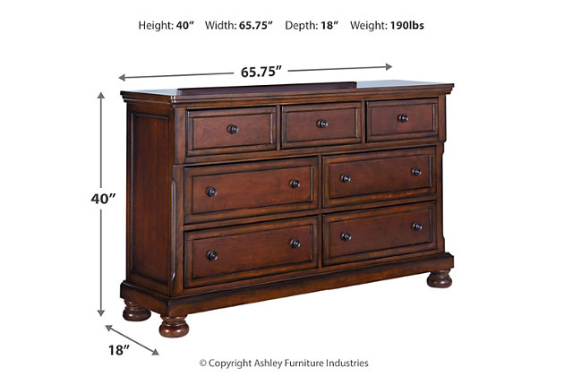 The quality craftsmanship is clear to see. The classic design elements—including inlaid panels, antiqued hardware and bun feet—are easy to love. Satisfying your taste for traditional furnishings, the Porter dresser is elegant without looking fussy. Seven roomy drawers keep your wardrobe organized in style. A hidden pull-out tray behind the top middle drawer puts your small valuables out of sight.Dresser only | Made of veneers, wood and engineered wood | Hand-finished | Dark bronze-tone hardware | 7 smooth-operating drawers with dovetail construction | Top drawers with felt bottoms; bottom drawers with cedar bottoms | Pull-out tray behind top middle drawer | Bun feet | Minor assembly required | Includes tipover restraint device