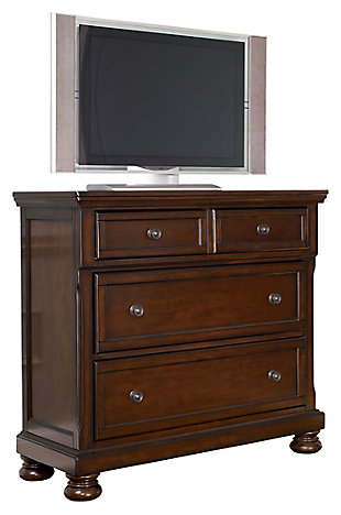 The quality craftsmanship is clear to see. The classic design elements—including antiqued hardware and bun feet—are easy to love. Satisfying your taste for traditional furnishings, the Porter media chest is elegant without looking fussy. Two ample drawers keep your movie collection and odds and ends in a central place. Drop door reveals two cubbies—ideal for your cable box and DVD or Blu-ray player.Made of veneers, wood and engineered wood | Bun feet | Hand-finished | Cutouts for wire management | Assembly required | 2 storage cubbies behind drop-down front | 2 smooth-operating drawers with dovetail construction and cedar bottoms | Dark bronze-tone hardware | Small Space Solution | Includes tipover restraint device