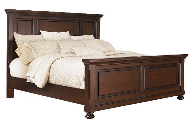 The quality craftsmanship is clear to see. The classic design elements—including bun feet—are easy to love. Satisfying your taste for vintage inspiration, the Porter queen panel bed is elegant, without looking fussy. Mattress and foundation/box spring sold separately.Made of veneers, wood and engineered wood | Includes headboard, footboard and rails | Hand-finished | Paneled headboard and footboard | Footboard with bun feet | Assembly required | Foundation/box spring required, sold separately | Mattress available, sold separately | Estimated Assembly Time: 10 Minutes