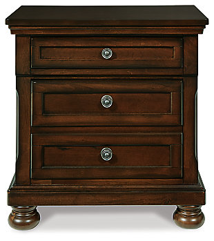 The quality craftsmanship is clear to see. The classic design elements—including antiqued hardware and bun feet—are easy to love. Satisfying your taste for traditional furnishings, the Porter nightstand is elegant without looking fussy. Two drawers—one large, one small—keep bedside odds and ends within easy reach. A hidden pull-out tray behind the bottom drawer puts your small valuables out of sight.Made of veneers, wood and engineered wood | Bun feet | Hand-finished | 2 smooth-operating drawers with dovetail construction | Top drawer with felt bottom; bottom drawer with cedar bottom | Pull-out tray behind bottom drawer | Dark bronze-tone hardware | Assembly required