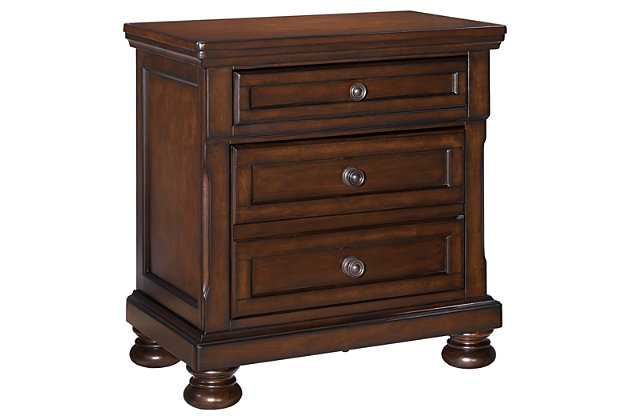 The quality craftsmanship is clear to see. The signature design elements—including handsome lines, inlaid panels, antiqued hardware and stately moulding—are easy to love. Satisfying your taste for heritage classic style, the Porter bedroom set is elegant without looking fussy. Finer details, including dovetail construction and felt-lined top drawers, make it a choice sure to impress for years to come.Includes bed (with headboard, footboard, rails and roll slats), dresser with mirror and chest  | Made of veneers, wood and engineered wood  | Hand-finished | Footboard has 2 storage drawers with dovetail construction and bun feet | Dresser has 7 smooth-gliding drawers with dovetail construction (top drawers felt lined; bottom drawers cedar lined); felt-lined pull-out tray behind top middle drawer | Chest has 5 smooth-gliding drawers with dovetail construction (top drawer felt lined; bottom drawers cedar lined) | Dark bronze-tone hardware | Mirror attaches to back of dresser | Included slats eliminate need for foundation/box spring | Mattress available, sold separately | Assembly required | Estimated Assembly Time: 15 Minutes