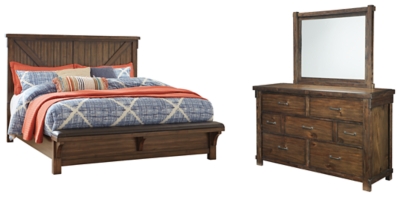 Lakeleigh King Panel Bed with Upholstered Bench with Mirrored Dresser, Brown, large