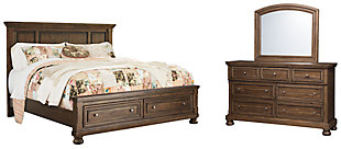 Flynnter Queen Panel Bed with 2 Storage Drawers with Mirrored Dresser, Medium Brown, large