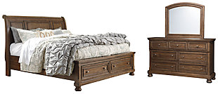 Flynnter California King Sleigh Bed with 2 Storage Drawers with Mirrored Dresser, Medium Brown, large