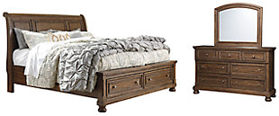 Flynnter King Sleigh Bed with 2 Storage Drawers with Mirrored Dresser, Medium Brown, large