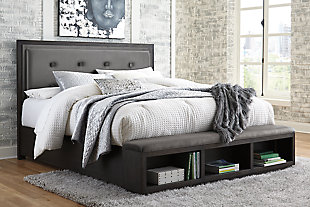 Hyndell California King Upholstered Panel Bed with Storage, Dark Brown, rollover