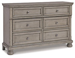 Satisfying your taste for tradition, the Lettner dresser sports serene sophistication. Forever classic design details—inlaid panels, silvertone patina hardware and bun feet—are so easy to love. A burnished light gray finish elevates the look with modern sensibility. Dresser only | Made of wood, veneer and engineered wood | Silvertone patina hardware | 6 smooth-gliding drawers with dovetail construction | Top drawers felt lined | Assembly required | Estimated Assembly Time: 15 Minutes