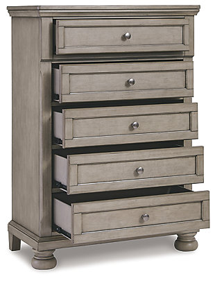 Satisfying your taste for tradition, the Lettner chest of drawers sports serene sophistication. Forever classic design details—inlaid panels, silvertone patina hardware and bun feet—are so easy to love. Its burnished light gray finish elevates the look with modern sensibility. Five roomy drawers keep your wardrobe organized in style.Made of wood, veneer and engineered wood | Silvertone patina hardware | 5 smooth-gliding drawers with dovetail construction | Top drawer felt lined | Assembly required | Estimated Assembly Time: 15 Minutes