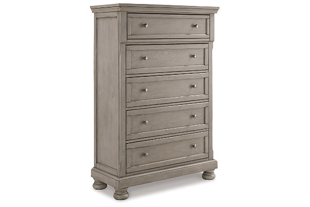 Satisfying your taste for tradition, the Lettner chest of drawers sports serene sophistication. Forever classic design details—inlaid panels, silvertone patina hardware and bun feet—are so easy to love. Its burnished light gray finish elevates the look with modern sensibility. Five roomy drawers keep your wardrobe organized in style.Made of veneers, wood and engineered wood | Silvertone patina hardware | 5 smooth-gliding drawers with dovetail construction | Top drawer felt lined | Small Space Solution | Includes tipover restraint device | Estimated Assembly Time: 15 Minutes