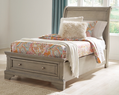 Lettner Twin Sleigh Bed with 1 Storage Drawer, Light Gray, large