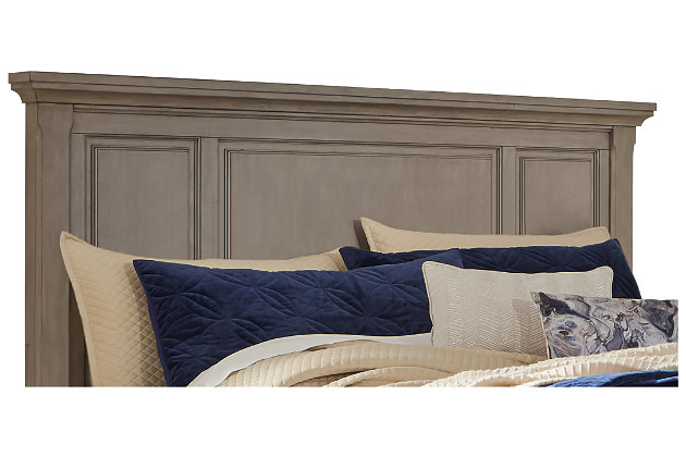 Satisfying your taste for tradition, the Lettner panel headboard sports serene sophistication. Inlaid panels in a burnished light gray finish elevate your traditional aesthetic with modern sensibility, so you can sleep in classic style.Headboard only | Made of solid hardwood, birch veneer and engineered wood | Burnished light gray finish | Traditionally-styled panels with crown moulding | Hardware to assemble the legs to the headboard is included | ¼" bolts are needed to attach headboard to existing bed frame | Assembly required | Estimated Assembly Time: 15 Minutes