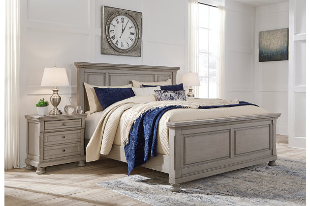 Satisfying your taste for tradition, the Lettner queen panel bed sports serene sophistication. Forever classic design details—inlaid panels and bun feet—are so easy to love. Burnished light gray finish elevates the look with modern sensibility, so you can sleep in style. Mattress and foundation/box spring available, sold separately.
Made of veneers, wood and engineered wood | Includes headboard, footboard and rails | Assembly required | Foundation/box spring required, sold separately | Mattress available, sold separately | Estimated Assembly Time: 55 Minutes