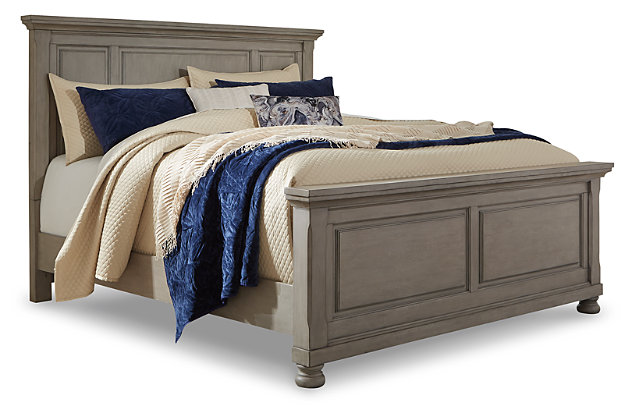 Satisfying your taste for tradition, the Lettner queen panel bed sports serene sophistication. Forever classic design details—inlaid panels and bun feet—are so easy to love. Burnished light gray finish elevates the look with modern sensibility, so you can sleep in style. Mattress and foundation/box spring available, sold separately.Made of veneers, wood and engineered wood | Includes headboard, footboard and rails | Assembly required | Foundation/box spring required, sold separately | Mattress available, sold separately | Bed is compatible with an adjustable base | Estimated Assembly Time: 55 Minutes