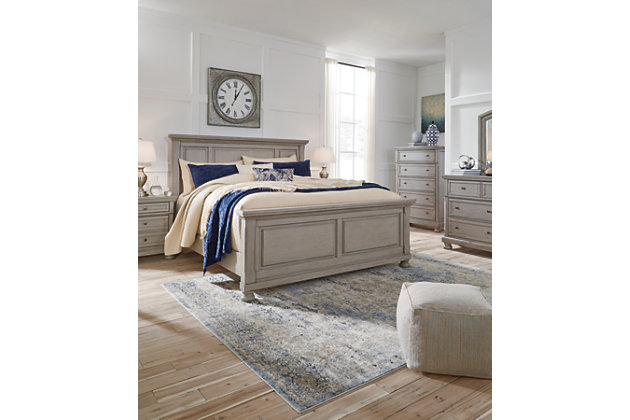 Satisfying your taste for tradition, the Lettner California king panel bed sports serene sophistication. Forever classic design details—inlaid panels and bun feet—are so easy to love. Burnished light gray finish elevates the look with modern sensibility, so you can sleep in style. Mattress and foundation/box spring available, sold separately.
Made of veneers, wood and engineered wood | Includes headboard, footboard and rails | Foundation/box spring required, sold separately | Mattress available, sold separately | Assembly required | Expert assembly recommended; available at check out for an additional fee | Estimated Assembly Time: 70 Minutes