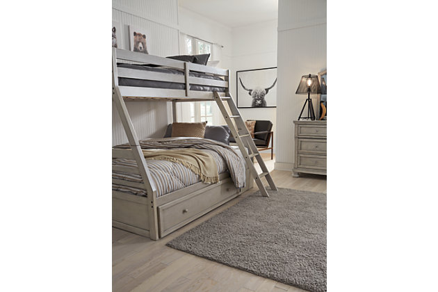 Double the space means twice the fun, and that’s what they’ll enjoy with the Lettner twin-over-full bunk bed. Forever classic design details—under bed storage, a sturdy ladder and safety rails—are paired with a burnished gray finish that elevates the look with modern sensibility.Made of veneers, wood and engineered wood | Includes horizontal rails | Top bunk with side rails | Sturdy ladder leads to top bunk | The Consumer Product Safety Commission states top bunks not be used for children under 6 years of age | Included slats eliminate need for foundations/box springs | Mattresses available, sold separately | Roomy under bed drawer for storage | Assembly required | Estimated Assembly Time: 145 Minutes