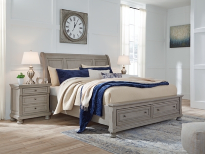 Lettner King Sleigh Bed with 2 Storage Drawers, Light Gray, large