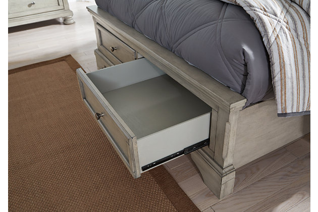 Satisfying your taste for tradition, the Lettner full sleigh bed with storage sports serene sophistication. Forever classic design details—inlaid panels, silvertone patina hardware and bun feet—are so easy to love. Burnished light gray finish elevates the look with modern sensibility. Two roomy drawers keep your essentials organized in style. Made of veneers, wood and engineered wood | Includes headboard, footboard with storage, slats and rails | Silvertone patina hardware | 2 smooth-gliding drawers with dovetail construction | Mattress available, sold separately | Included slats eliminate need for foundation/box spring | Assembly required | Estimated Assembly Time: 70 Minutes