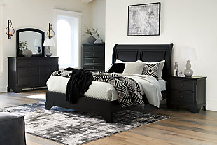Chylanta Queen Sleigh Bed with Mirrored Dresser, Chest and 2 Nightstands, Black, rollover