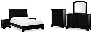 Chylanta Queen Sleigh Bed with Mirrored Dresser, Chest and 2 Nightstands, Black, large