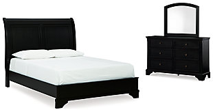 Chylanta Queen Sleigh Bed with Mirrored Dresser, Black, large