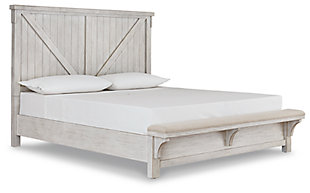 Looking to incorporate modern farmhouse into your bedroom? The Brashland queen panel bed has many of the signature elements you’ve come to expect from a cottage-inspired piece: a white textured rubbed-through finish, a cantilevered upholstered bench built into the footboard and a soothing neutral-hued upholstery. Adding to its vintage charm, the mansion-height headboard with crossbuck detailing puts the accent on style.Includes headboard, bench footboard and rails | Made of wood, veneers and engineered wood | White textured rubbed-through finish | Footboard with built-in upholstered bench | Soothing neutral upholstery | Assembly required | Foundation/box spring required, sold separately | Mattress available, sold separately | Estimated Assembly Time: 55 Minutes