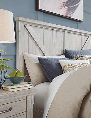 Looking to incorporate modern farmhouse into your bedroom? The Brashland queen panel bed has many of the signature elements you’ve come to expect from a cottage-inspired piece: a white textured rubbed-through finish, a cantilevered upholstered bench built into the footboard and a soothing neutral-hued upholstery. Adding to its vintage charm, the mansion-height headboard with crossbuck detailing puts the accent on style.Includes headboard, bench footboard and rails | Made of wood, veneers and engineered wood | White textured rubbed-through finish | Footboard with built-in upholstered bench | Soothing neutral upholstery | Assembly required | Foundation/box spring required, sold separately | Mattress available, sold separately | Estimated Assembly Time: 55 Minutes