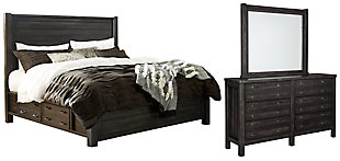 Baylow Queen Panel Bed with 4 Storage Drawers with Mirrored Dresser, Black, large