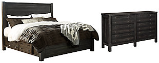 Aim higher for a casual-elegant farmhouse aesthetic with the Baylow bedroom set. Its square, “stocky” styling is richly enhanced with plank-effect details and a distressed vintage black finish that’s not too light and not too heavy. Rest easy, you’ll find plenty of ways to fill the bed’s built-in storage drawers.Includes storage bed (headboard, footboard, rails, slats and storage drawers) and dresser | Made of wood, veneers and engineered wood | 4 smooth-gliding drawers (2 on each side of bed) | Antiqued zinc-tone hardware | Mirror sold separately | Assembly required | Bed does not require a foundation/box spring | Mattress available, sold separately | Estimated Assembly Time: 90 Minutes