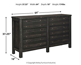 Aim higher for a casual-elegant farmhouse aesthetic with the Baylow bedroom set. Its square, “stocky” styling is richly enhanced with plank-effect details and a distressed vintage black finish that’s not too light and not too heavy. Rest easy, you’ll find plenty of ways to fill the bed’s built-in storage drawers.Includes storage bed (headboard, footboard, rails, slats and storage drawers) and dresser | Made of wood, veneers and engineered wood | 4 smooth-gliding drawers (2 on each side of bed) | Antiqued zinc-tone hardware | Mirror sold separately | Assembly required | Bed does not require a foundation/box spring | Mattress available, sold separately | Estimated Assembly Time: 90 Minutes