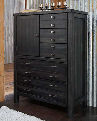 The Baylow door chest is dressed to impress with a unique twist on casually elegant farmhouse interiors. Its square, “stocky” styling is richly enhanced with plank-effect details and a distressed vintage black finish that’s not too light and not too heavy. Inspired by the old-fashioned printer’s cabinet, it includes five smooth-gliding drawers loaded with antiqued zinc-tone bar pulls and a handy cabinet with shelving that's perfect for sweaters and so on.Made of veneers, wood and engineered wood | 5 smooth-gliding drawers with dovetail construction (top drawer felt lined) | Storage cabinet with adjustable shelf | Antiqued zinc-tone hardware | Tipping restraint hardware included (assembly required) | Small Space Solution | Includes tipover restraint device