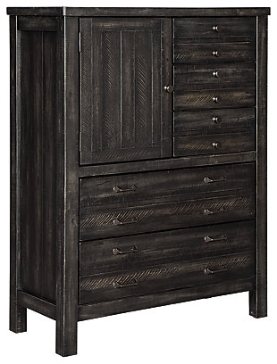 The Baylow door chest is dressed to impress with a unique twist on casually elegant farmhouse interiors. Its square, “stocky” styling is richly enhanced with plank-effect details and a distressed vintage black finish that’s not too light and not too heavy. Inspired by the old-fashioned printer’s cabinet, it includes five smooth-gliding drawers loaded with antiqued zinc-tone bar pulls and a handy cabinet with shelving that's perfect for sweaters and so on.Made of veneers, wood and engineered wood | 5 smooth-gliding drawers with dovetail construction (top drawer felt lined) | Storage cabinet with adjustable shelf | Antiqued zinc-tone hardware | Tipping restraint hardware included (assembly required) | Small Space Solution | Includes tipover restraint device
