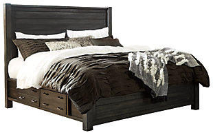 Aim higher for a casual-elegant farmhouse aesthetic with the Baylow queen bed with storage. Its square, “stocky” styling is richly enhanced with plank-effect details and a distressed vintage black finish that’s not too light and not too heavy. Heavy saw marks add an interesting, craftsman touch. Mattress available, sold separately.Made of veneers, wood and engineered wood | Includes headboard, footboard, rails, slats and storage drawers | 4 smooth-gliding drawers (2 on each side of bed) | Antiqued zinc-tone hardware | Bed does not require a foundation/box spring | Mattress available, sold separately | Assembly required | Small Space Solution | Estimated Assembly Time: 90 Minutes