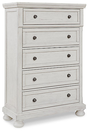 Elegant, timeless furnishings take your bedroom to the next level. Nothing does that better than the Robbinsdale chest. The antiqued white finish with a wonderful grain texture oozes sophistication, while the dark bronze-tone hardware adds an ornate touch. A felt-lined top drawer rounds out the piece for the ultimate tasteful bedroom. Made with select oak veneer, engineered wood and solid wood components | Antiqued white finish with grain texture | Dark bronze-toned knobs | 5 smooth-gliding drawers with dovetail construction with metal ball bearing side glides | Upper drawer with felt bottom | Assembly required | Estimated Assembly Time: 15 Minutes