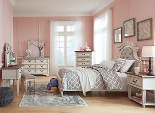 Elevating the art of traditional cottage styling, the Realyn twin upholstered bed is her dream bedroom retreat realized. A curvaceous beauty, this brilliant upholstered bed wows with dramatic scalloped details and fanciful trim work and charms with a distressed chipped white finish for heirloom appeal. Deep tufting on the cushioned upholstered headboard adds such a cozy element sure to please. Mattress and foundation/box spring available, sold separately.Made of veneers, wood and engineered wood, with cast resin components | Includes upholstered headboard, footboard and rails | Distressed, chipped white finish | Upholstered headboard with foam cushion, button tufting | Assembly required | Mattress and foundation/box spring available, sold separately | Estimated Assembly Time: 55 Minutes