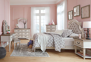 Elevating the art of traditional cottage styling, the Realyn full upholstered bed is her dream bedroom retreat realized. A curvaceous beauty, this brilliant upholstered bed wows with dramatic scalloped details and fanciful trim work and charms with a distressed chipped white finish for heirloom appeal. Deep tufting on the cushioned upholstered headboard adds such a cozy element sure to please. Mattress and foundation/box spring available, sold separately.Made of veneers, wood and engineered wood, with cast resin components | Includes upholstered headboard, footboard and rails | Distressed, chipped white finish | Upholstered headboard with foam cushion, button tufting | Assembly required | Mattress and foundation/box spring available, sold separately | Estimated Assembly Time: 55 Minutes