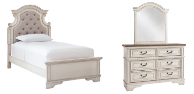 Realyn Twin Panel Bed with Mirrored Dresser, Chipped White