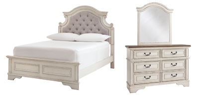 Realyn Full Panel Bed with Mirrored Dresser, Chipped White, large