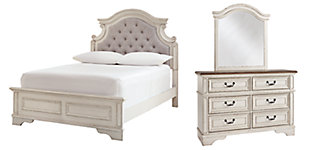 Realyn Full Panel Bed with Mirrored Dresser, Chipped White, rollover