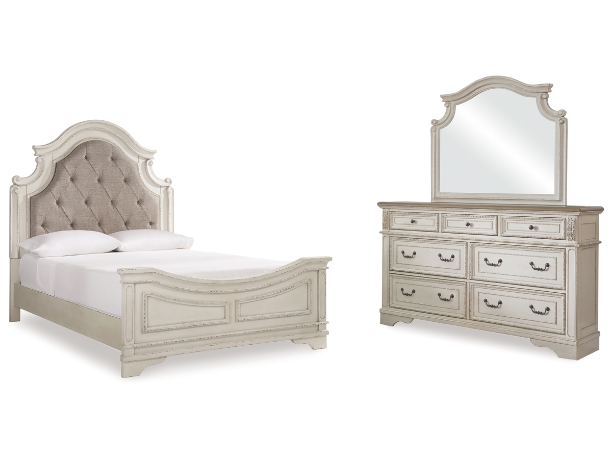 Realyn Queen Upholstered Panel Bed with Mirrored Dresser