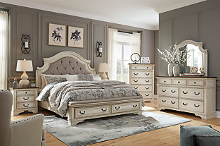 Realyn Queen Upholstered Bed with Mirrored Dresser and Chest, Two-tone, rollover