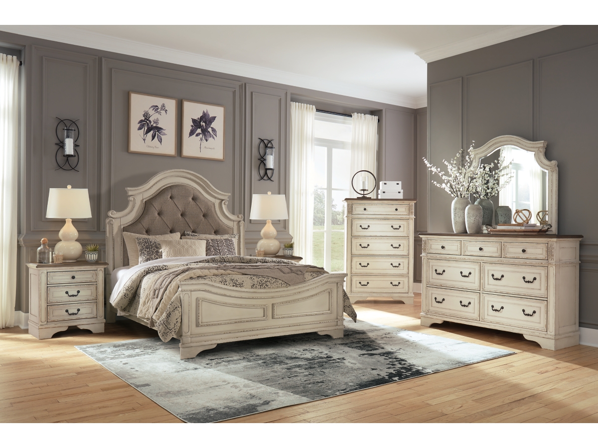 Realyn queen upholstered panel store bed with dresser